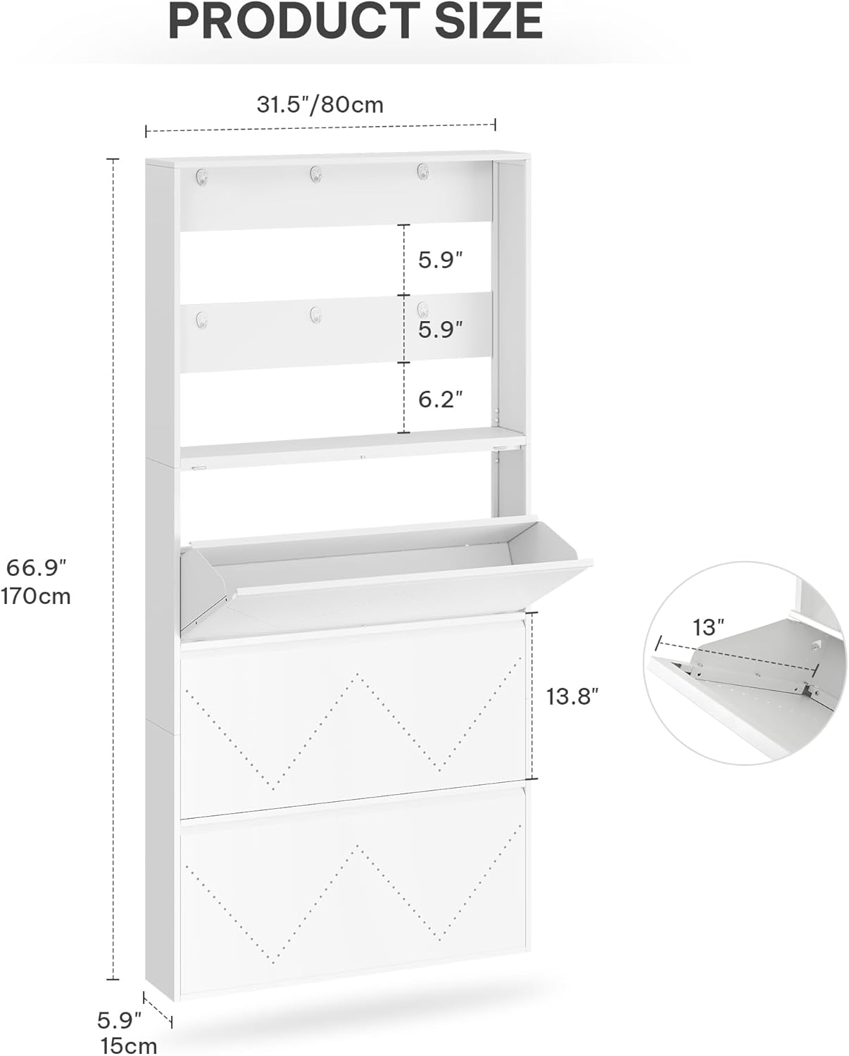 Steel Wall Mounted Shoe Cabinet with 3 Flip Drawers &amp; Coat Rack Slim Design for Entryways &amp; Hallways White