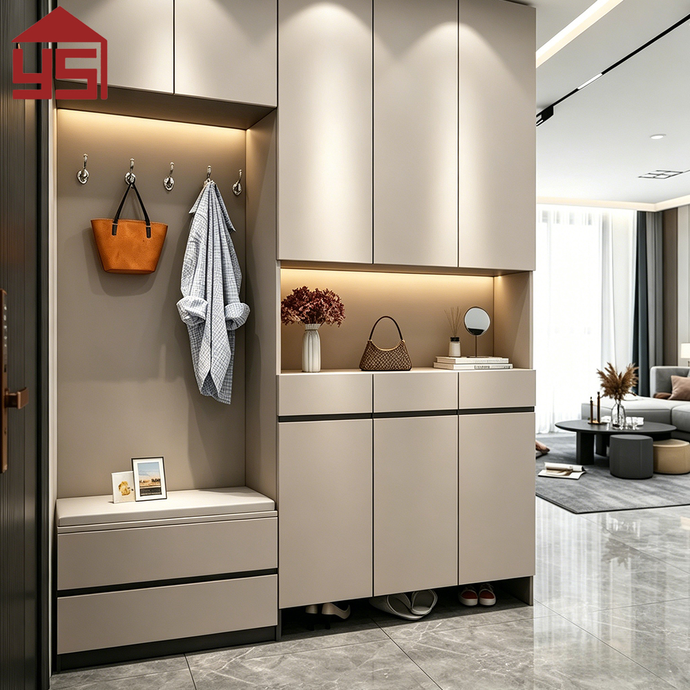 Luxury-grade Entryway Customizable Multi-zone Shoe Cabinet with LED Light Wood Hall Storage Cabinet