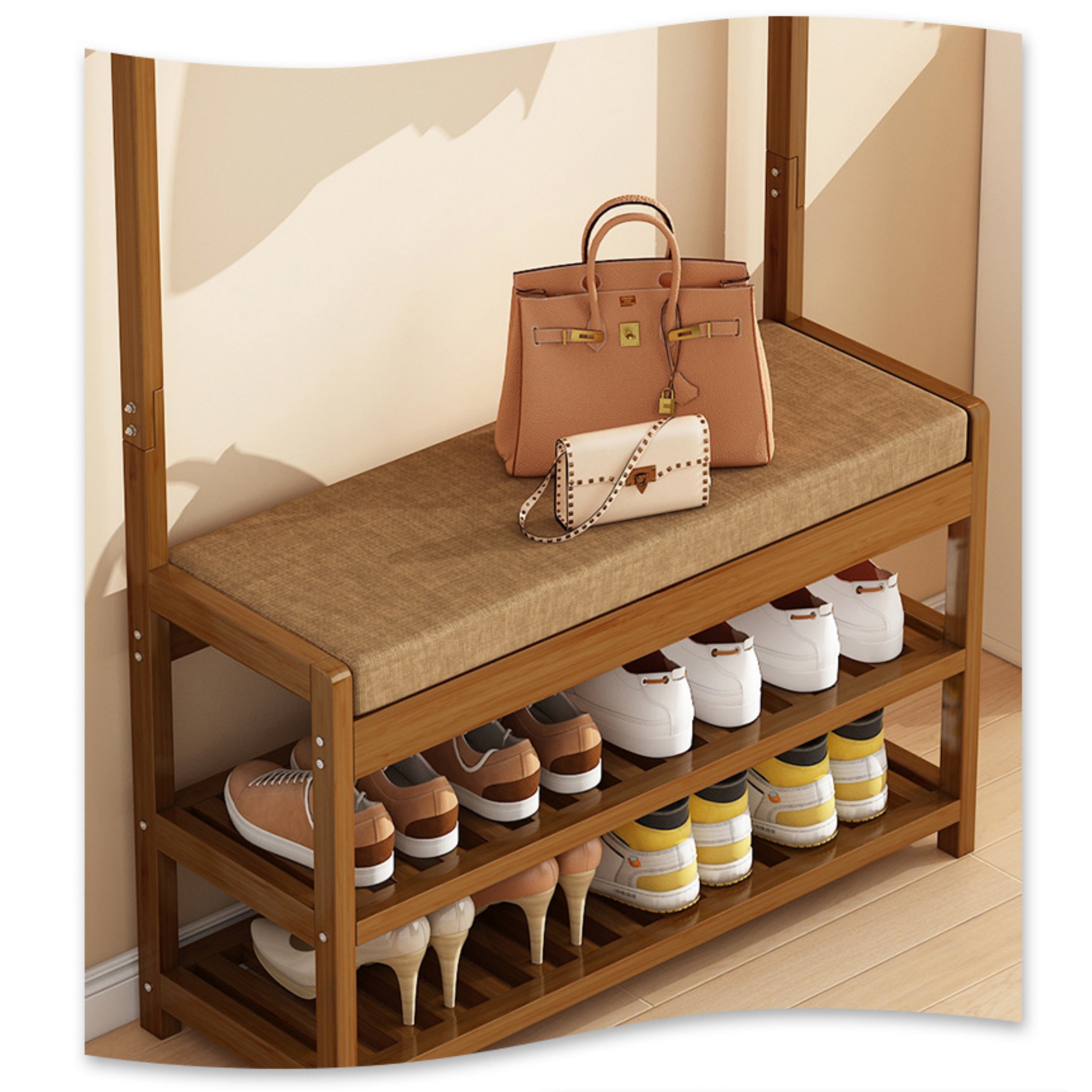 Durable 3-Tier Bamboo Shoe Bench with Cushion Modern Entryway Shoe Rack for Home Furniture for Hallway Living Room Bedroom