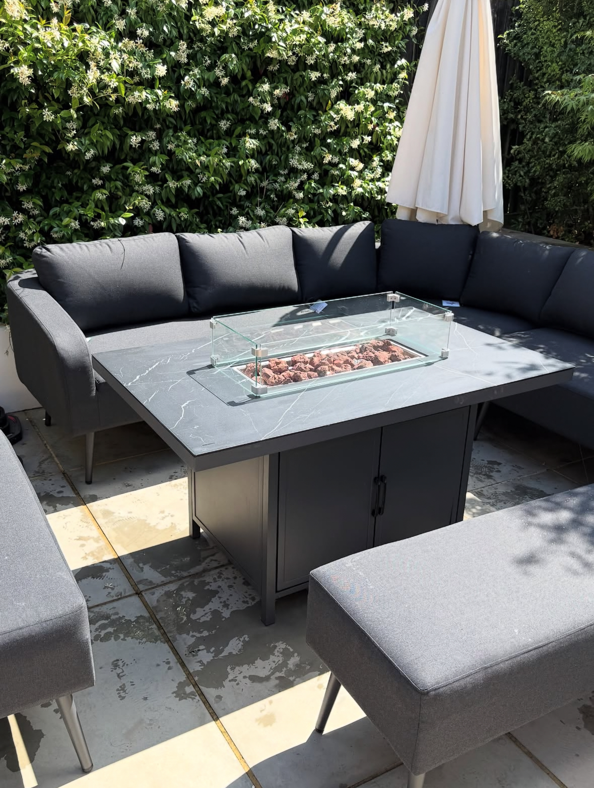 Modern Outdoor Patio Furniture Set Black Fabric Conversation Suite with Fire Pit Table Garden Sofas for Courtyard Metal Material