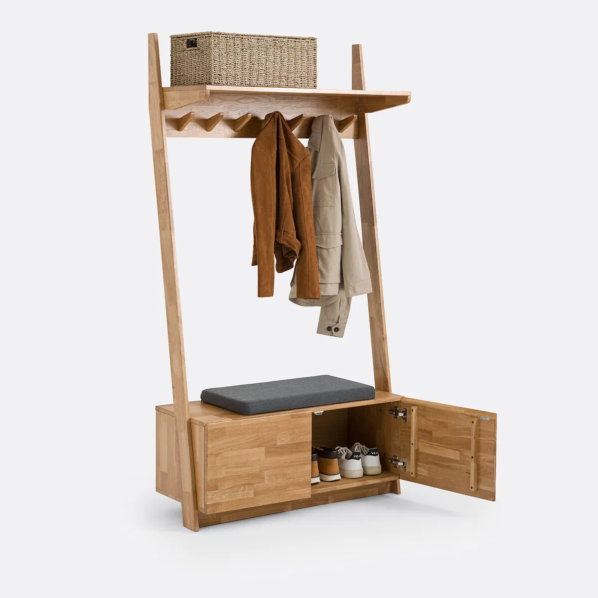 Modern Solid Wood Storage Wardrobe with Hooks &amp; Padded Bench for Entryway Organization