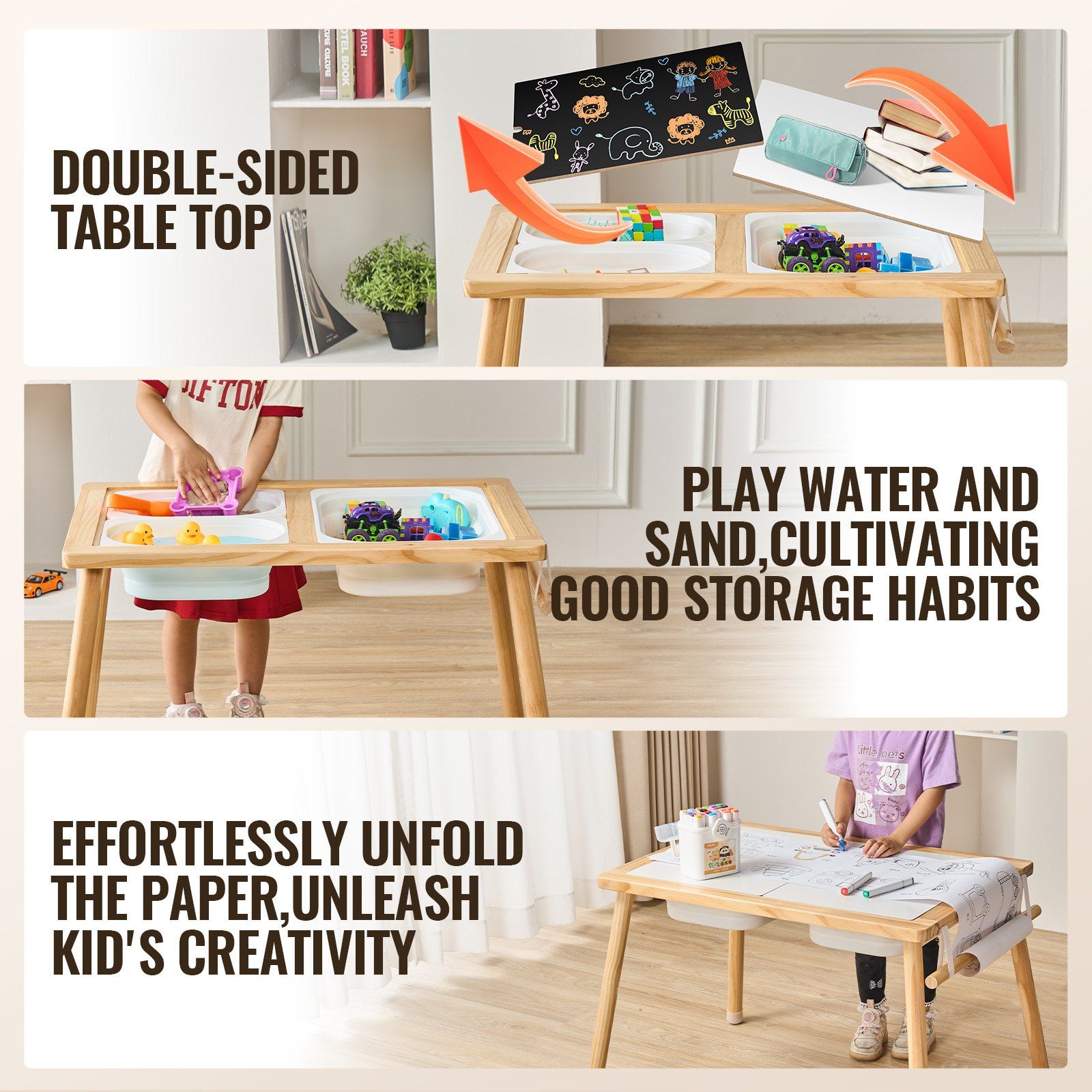 Wooden Sensory Table With Paper Roll Bar Foldable Indoor Play Table For Toddlers Kids Activity Square Design Scandinavian Style