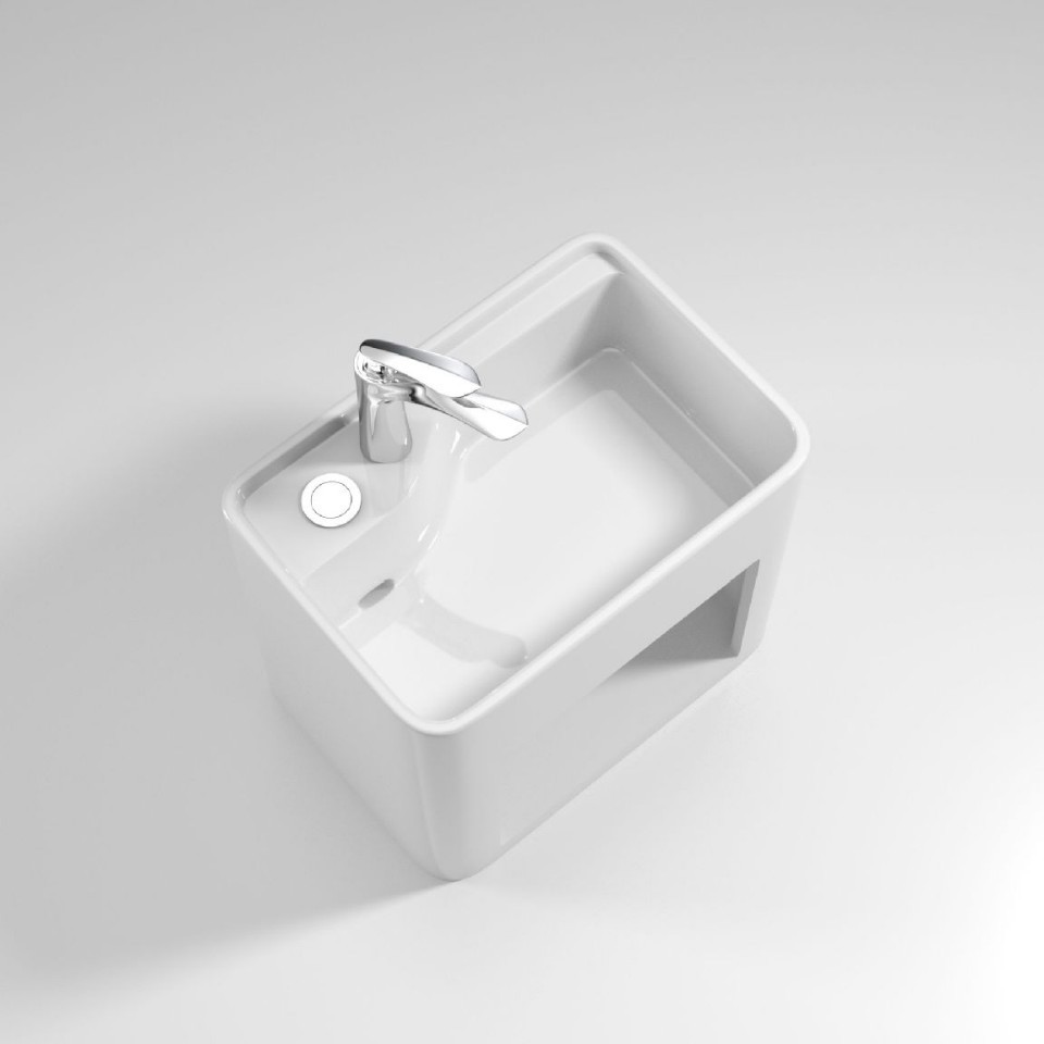 Wall-mounted Washbasin Integrated Ceramic Storage Rectangle Bathroom Cabinet Modern Simple Style Glossy White Finish