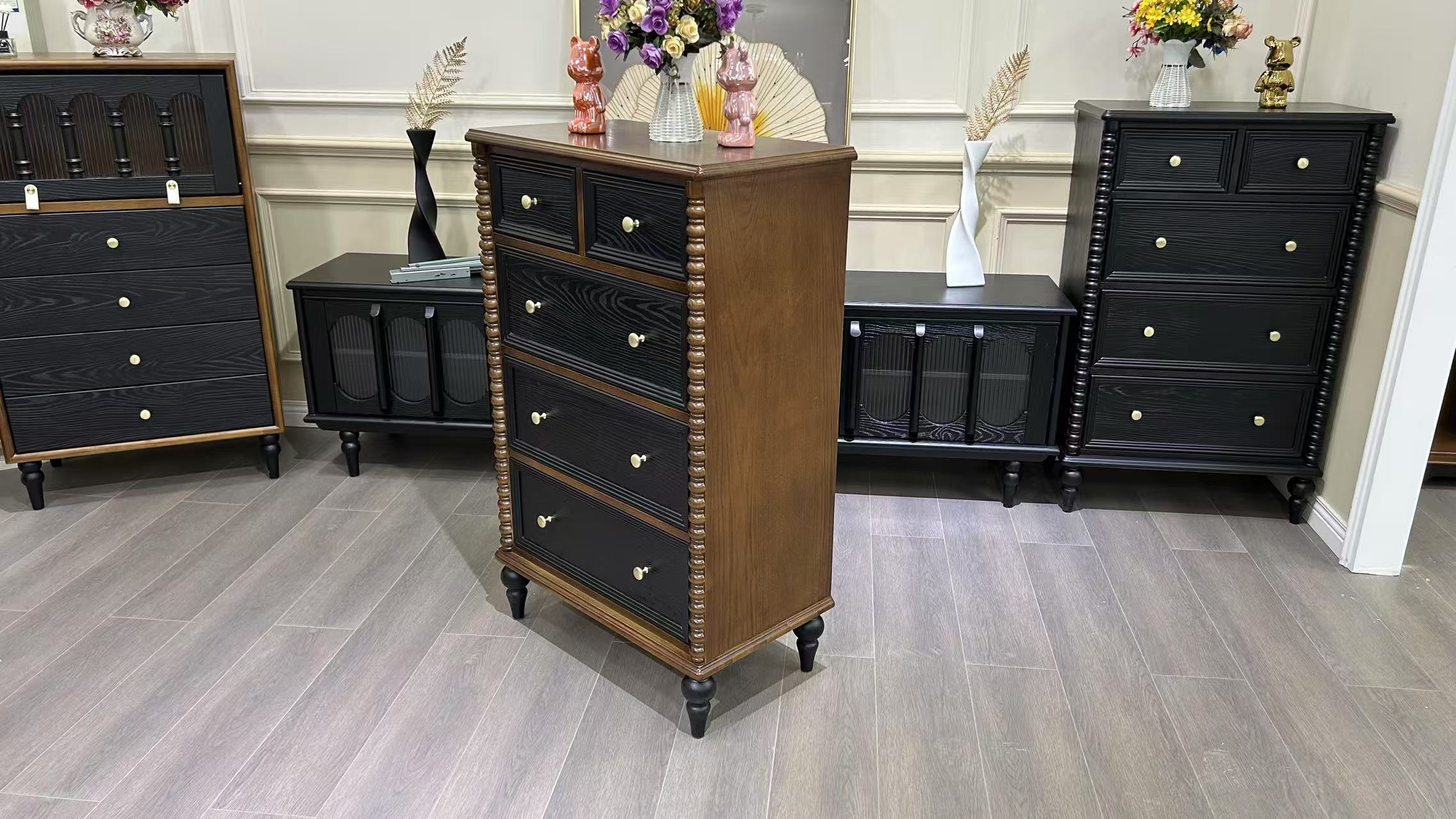 Custom Traditional Style Sideboard Farmhouse 5 Drawer Solid Wood Lacquer Tall Dresser Storage Chest for Bedroom Entryway Hallway