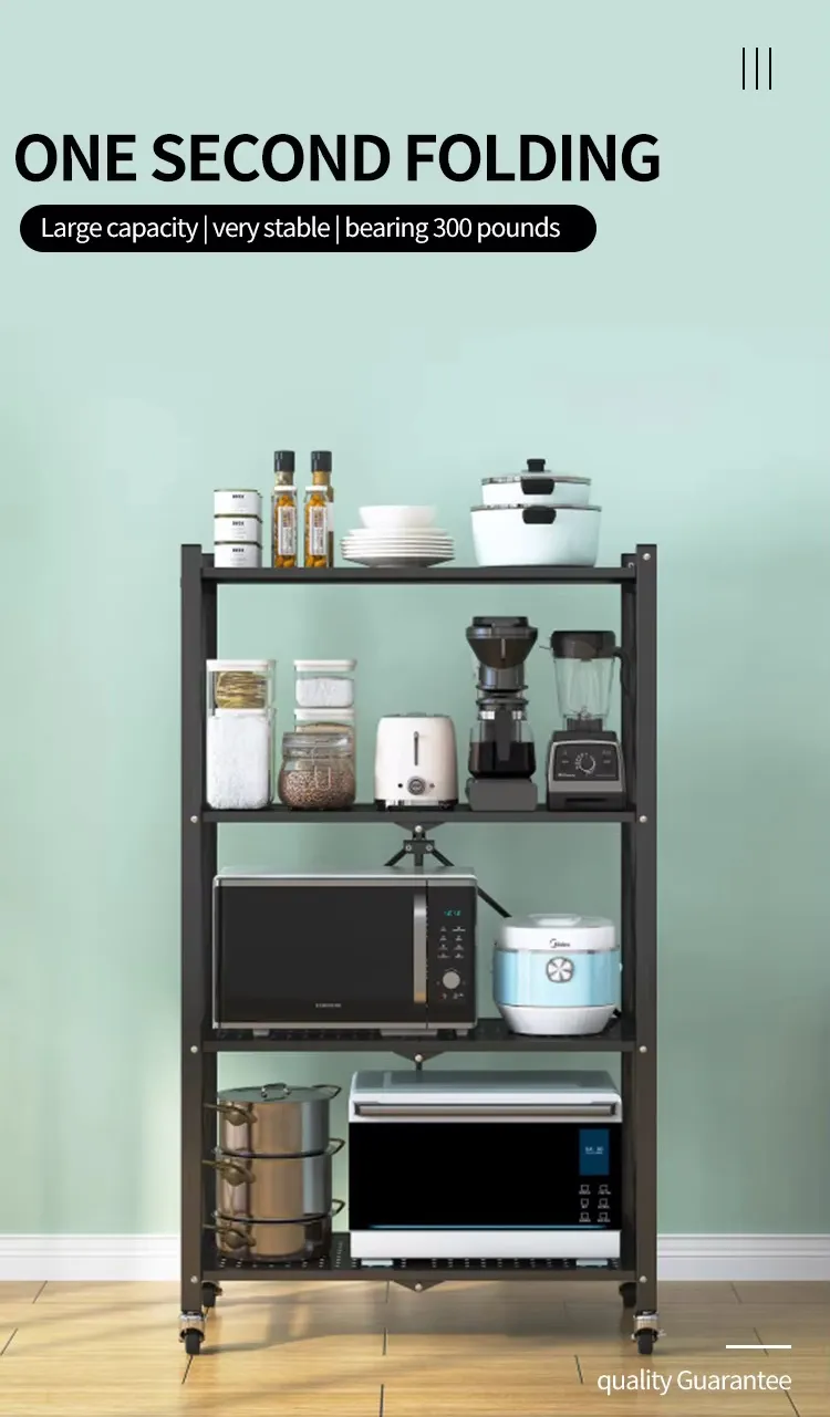 Four Layer Collapsible Storage Shelf on Wheels with Mesh Shelving for Laundry Room and Garage Organization Applications