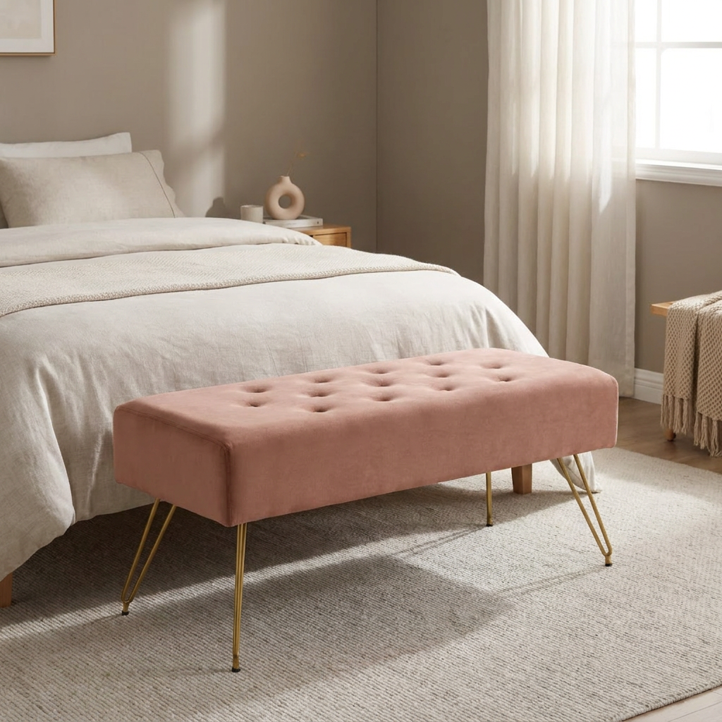 DUHOME Durable Comfortable Upholstered Button Tufted Velvet Foot Stool for Bedside Entryway Living Room Hallway Bedroom Pink