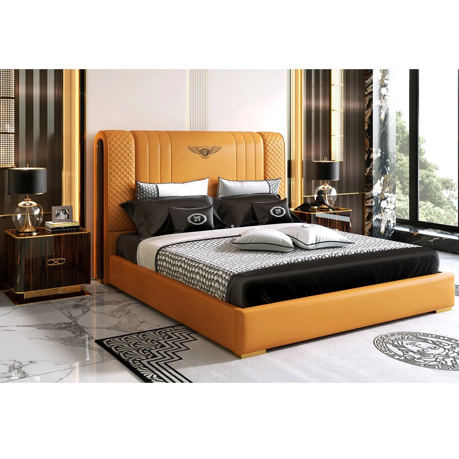Foshan-Made Luxury Bedroom Furniture with Elegant Metal Accent Decoration Bed