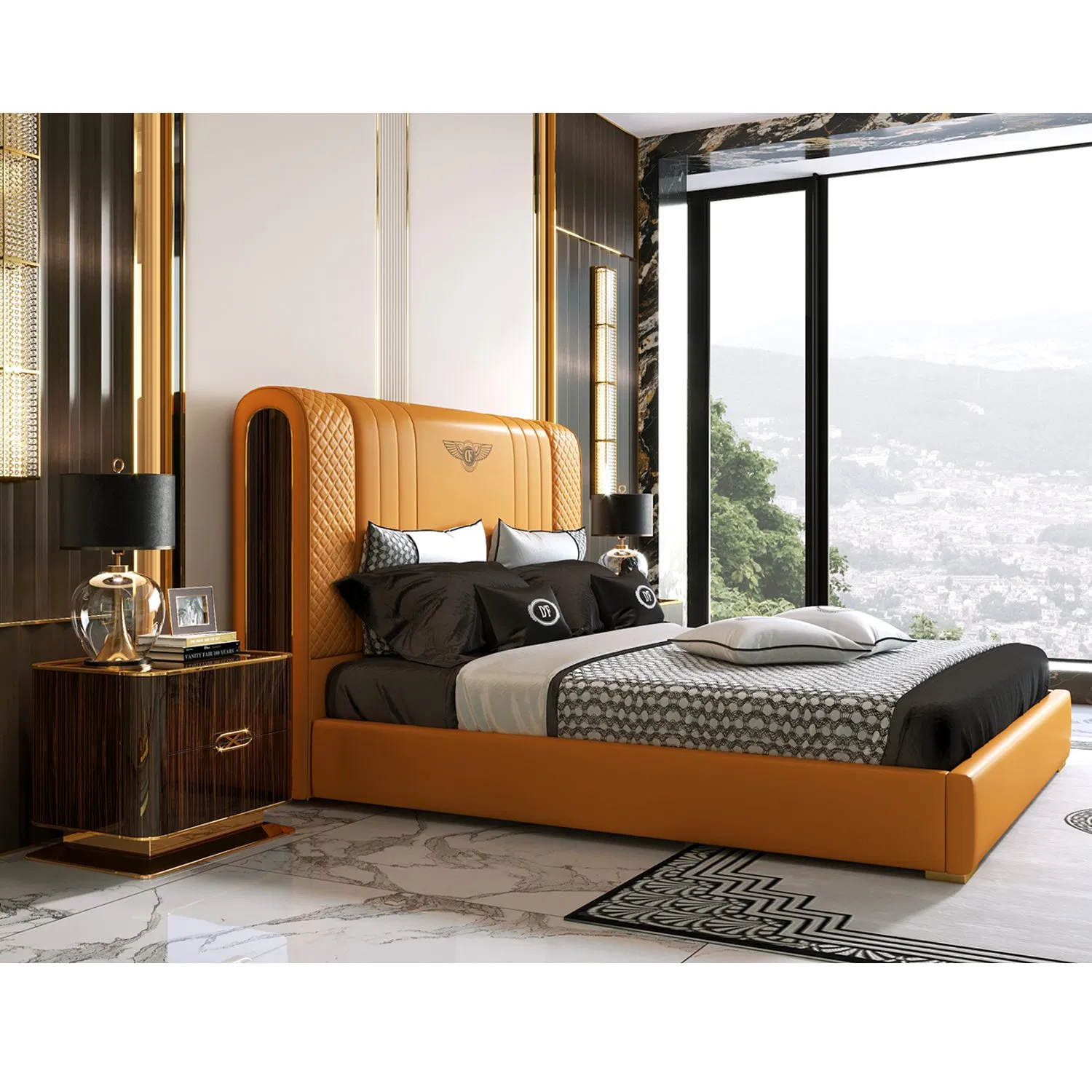 Foshan-Made Luxury Bedroom Furniture with Elegant Metal Accent Decoration Bed