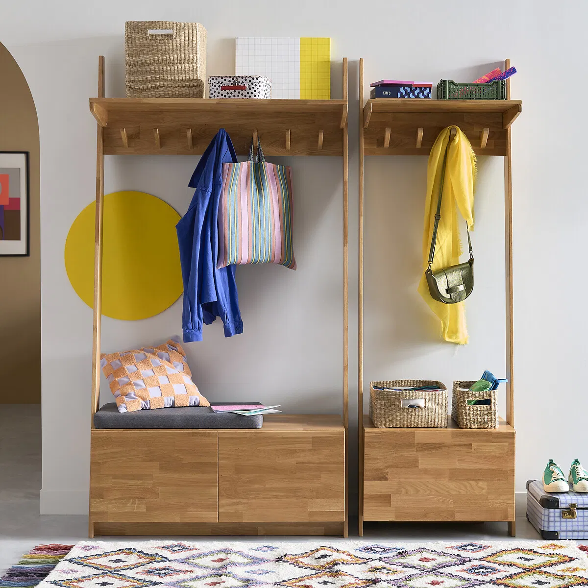 Modern Solid Wood Storage Wardrobe with Hooks &amp; Padded Bench for Entryway Organization
