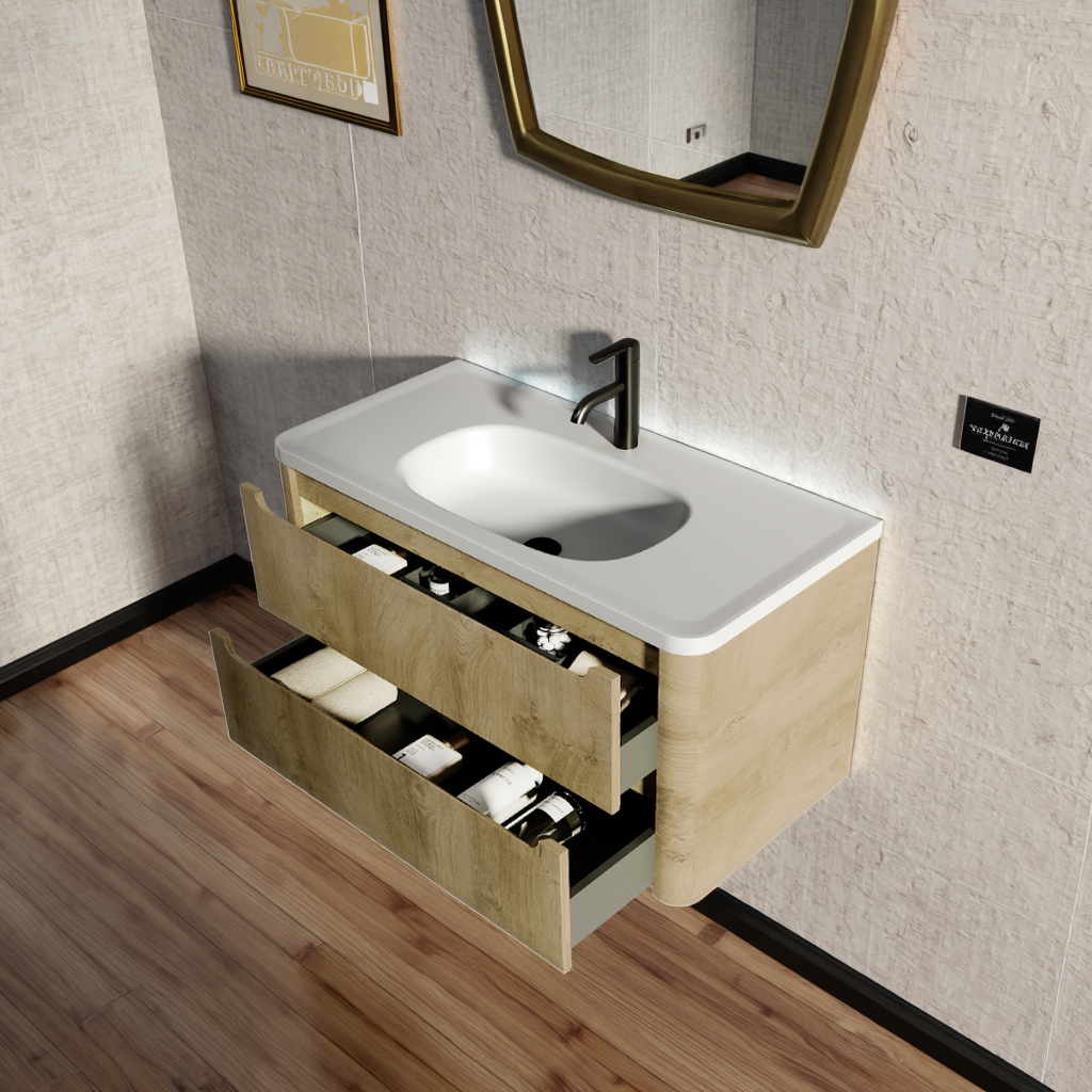 Modern Durable PVC-Wrapped MDF Rectangle Floor Standing Gel Coat Stone Basin Cabinet LED Mirror Water-Resistant Vanity