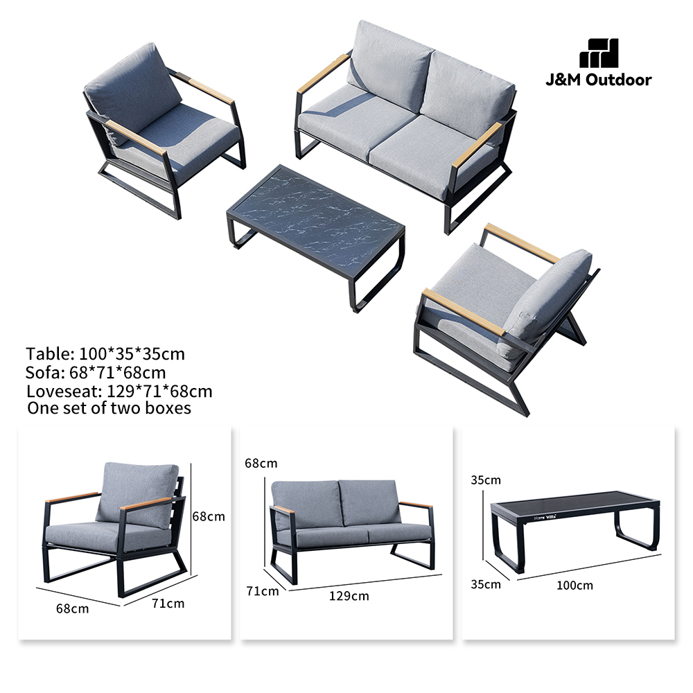 J&amp;M Modern Luxury Aluminum Outdoor Garden Sofa Set Waterproof Rust-proof 4 Piece Patio Furniture for Villa Farmhouse Hotel