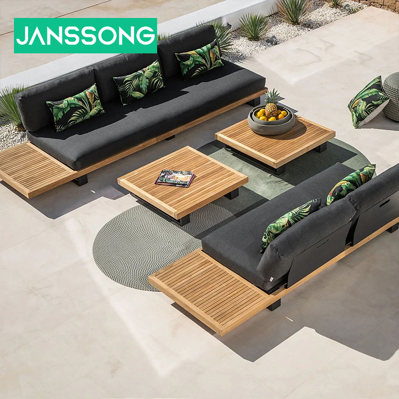 Luxury Teak Garden Sofa Hotel Villa Outdoor Aluminum Combination Patio Set Waterproof Cushion Casual Style Garden Furniture Set