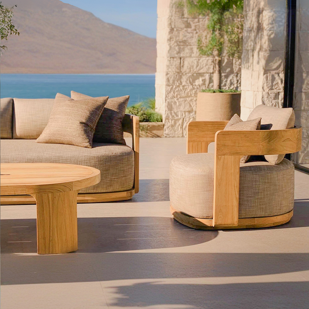 Tatini Outdoor Teak Sofa Set Modern Simple Weatherproof Fabric Waterproof Open Air Patio Garden Furniture