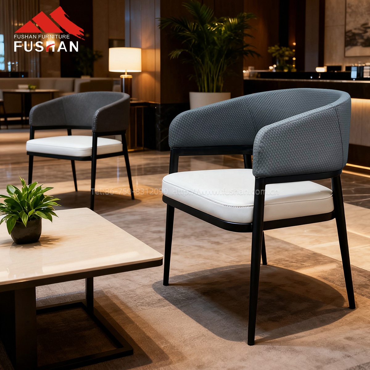 Modern Luxury Hotel Villa Restaurant Arm Chair Grey Fabric Upholstered Dining Chairs Soft Backrest Custom Lounge Single Chair