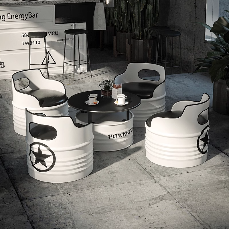 Industrial Creative Blue Oil Drum Metal Furniture Set Vintage Style Cafe Bar Restaurant Bistro Bar Table and Stool