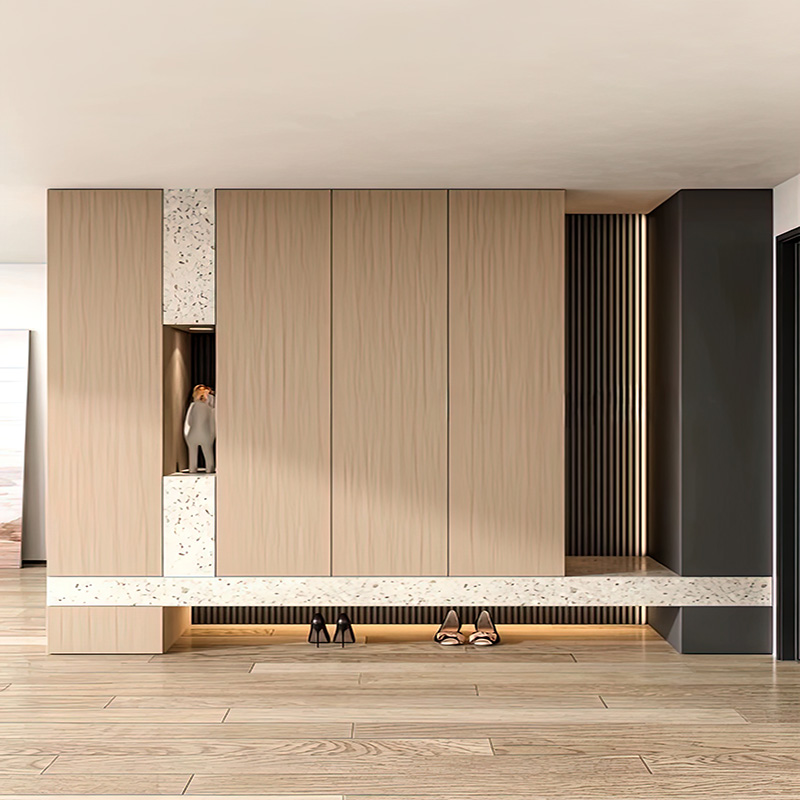 Modern Light Wood Entryway Shoe Cabinet with Built in Bench LED Lighting High End Design for Luxury Foyers