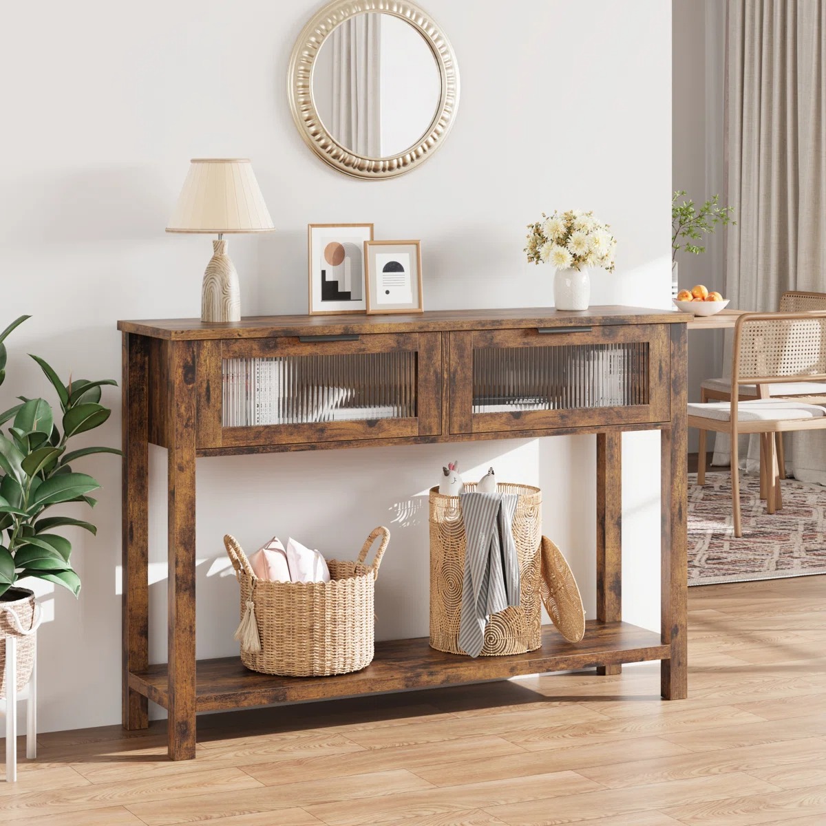 Easy Assembly MDF Vintage Brown Console Table with 2 Glass Front Drawers Lower Shelf Entryway Sofa Hallway Table