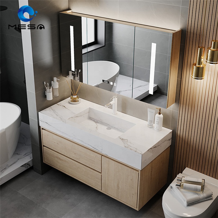 Modern Bathroom Wall Mounted Drawers Slate Cabinet Vanity With Sink and Led Mirror Set