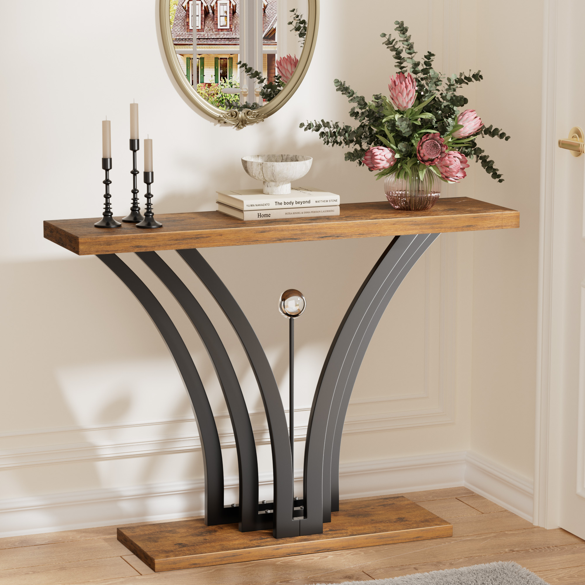 Modern Industrial Console Table Wood Top Curved Metal Frame Entryway Table with Anti-slip Kit for Living Room Hallway