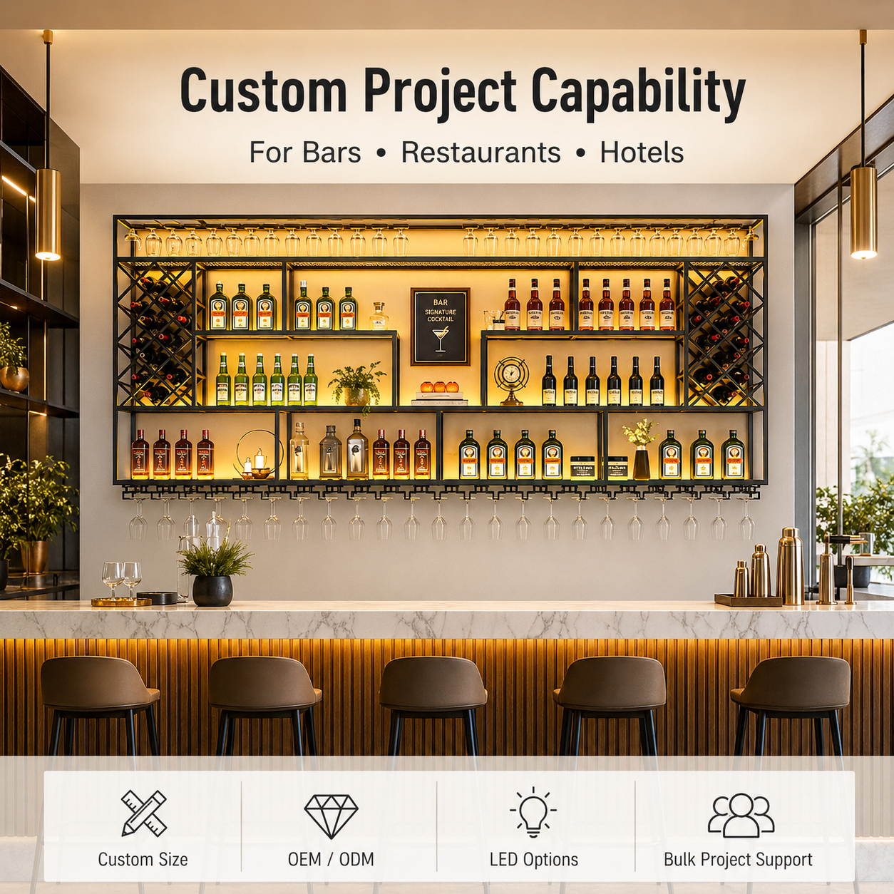 Custom Wall Mounted LED Wine Rack Industrial Iron Furniture Shelves Dining Room Display Cabinet Wine Bottle Holder For Bar Hotel