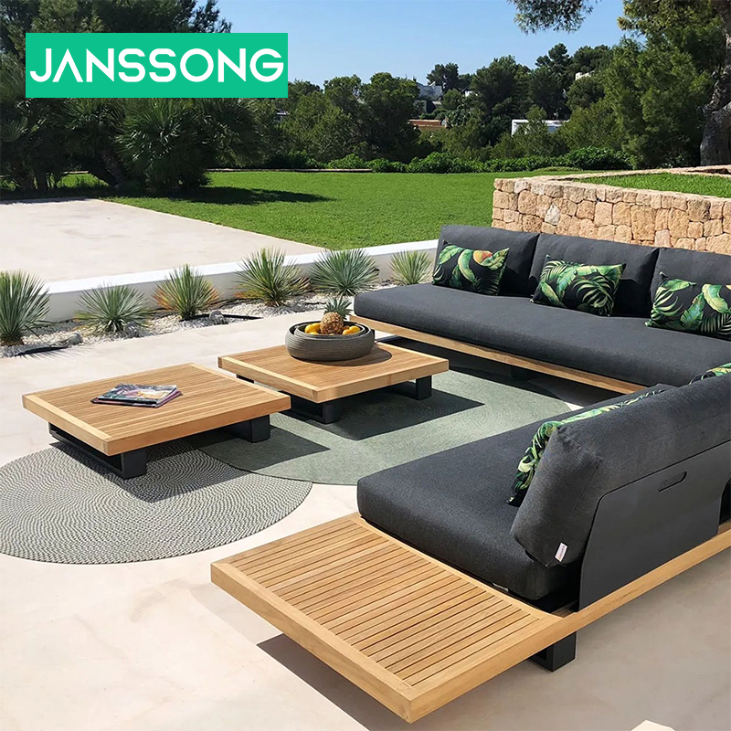 Luxury Teak Garden Sofa Hotel Villa Outdoor Aluminum Combination Patio Set Waterproof Cushion Casual Style Garden Furniture Set