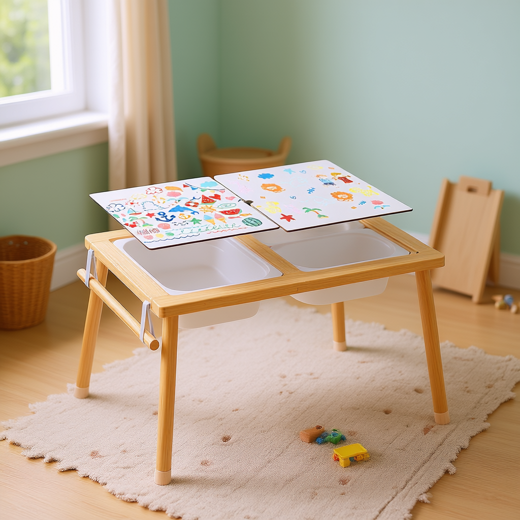 Wooden Sensory Table With Paper Roll Bar Foldable Indoor Play Table For Toddlers Kids Activity Square Design Scandinavian Style