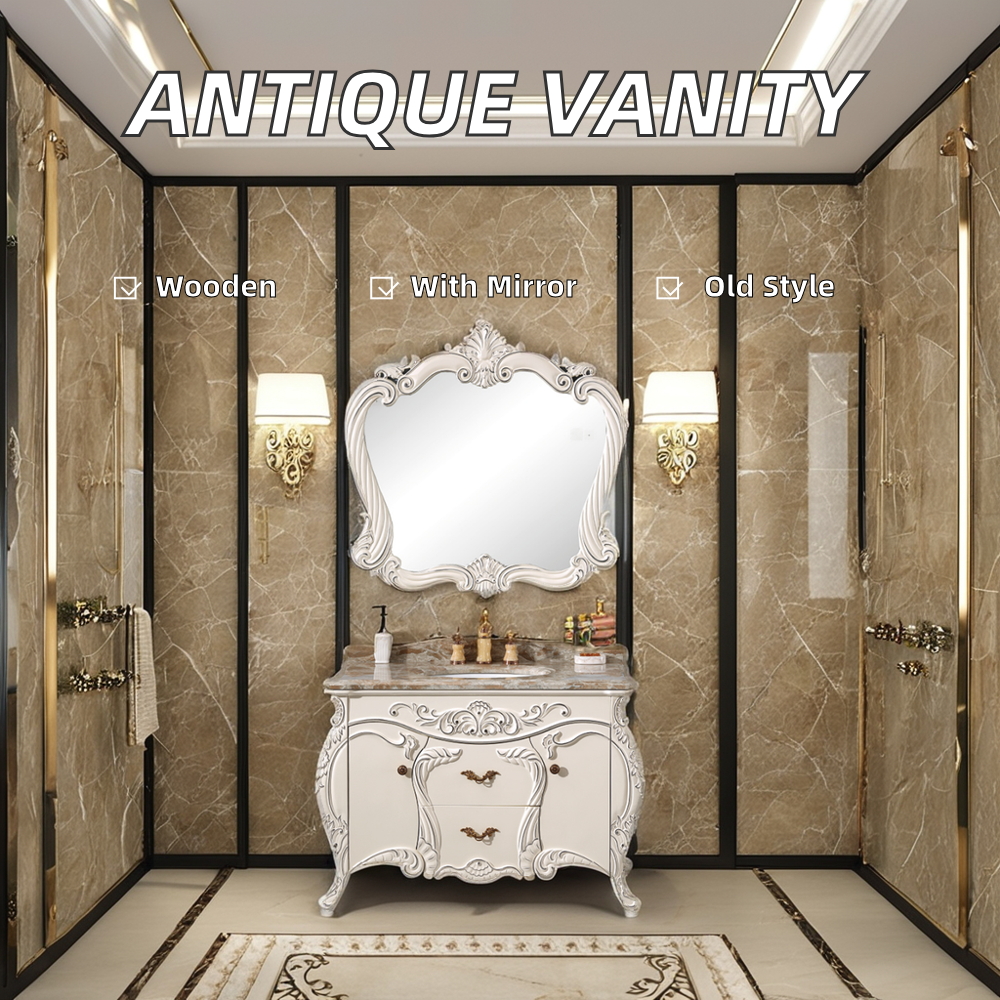 European Classic Antique Design Bathroom Vanities Solid Wood Furniture with Marble Stone Cabinets for Hotels and Villas