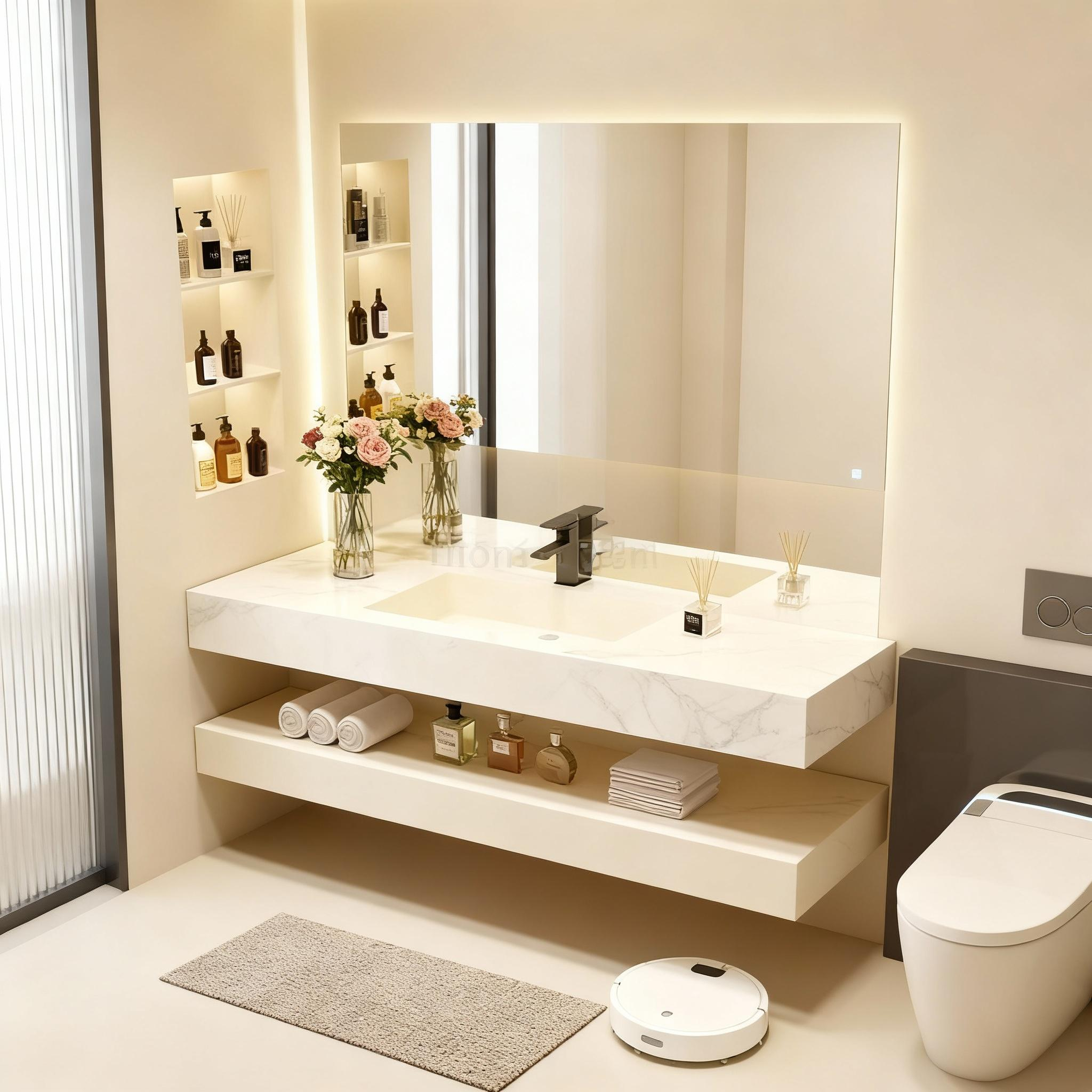 Modern Design Luxury Hotel Style Sintered Stone Countertop Bathroom Vanity with Seamless Ceramic Sink Cabinet