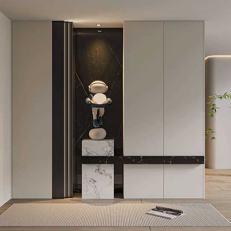 Modern Light Wood Entryway Shoe Cabinet with Built in Bench LED Lighting High End Design for Luxury Foyers