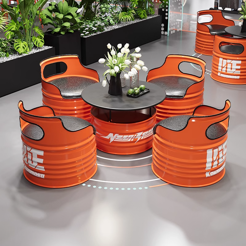 Industrial Creative Blue Oil Drum Metal Furniture Set Vintage Style Cafe Bar Restaurant Bistro Bar Table and Stool