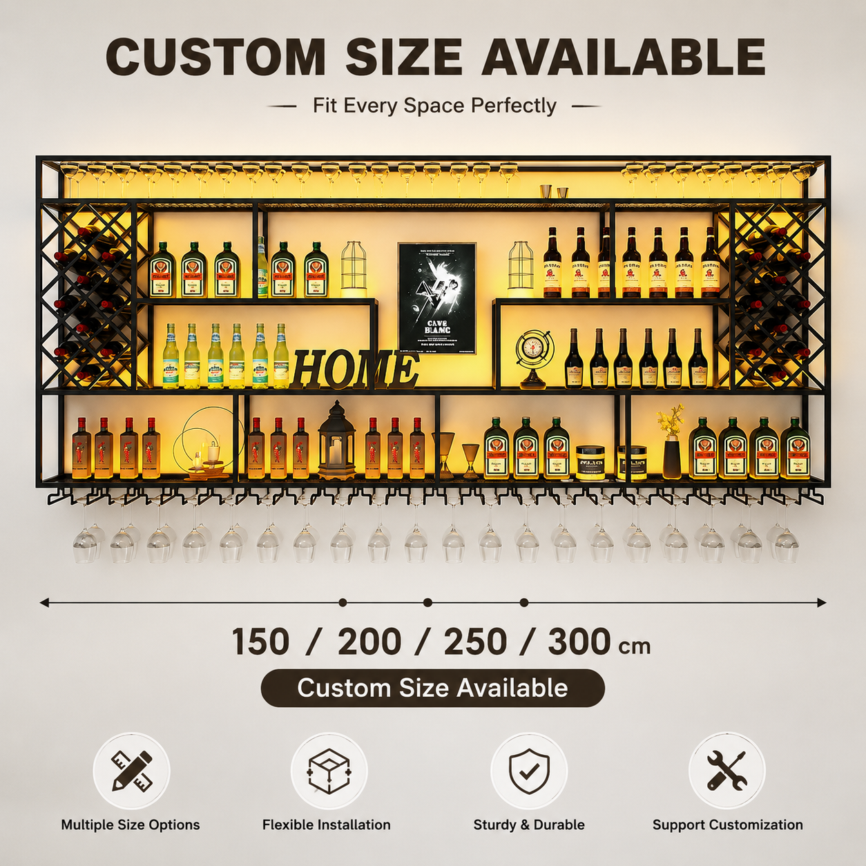 Custom Wall Mounted LED Wine Rack Industrial Iron Furniture Shelves Dining Room Display Cabinet Wine Bottle Holder For Bar Hotel