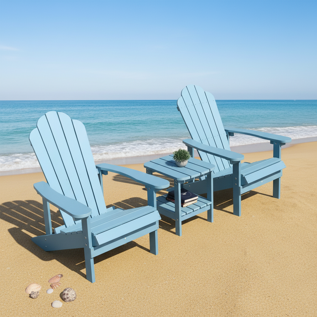 Modern HDPE Outdoor Chair Set Side Table Weatherproof UV Resistant No Rot/Rust Portable | Blue Patio Furniture Beach