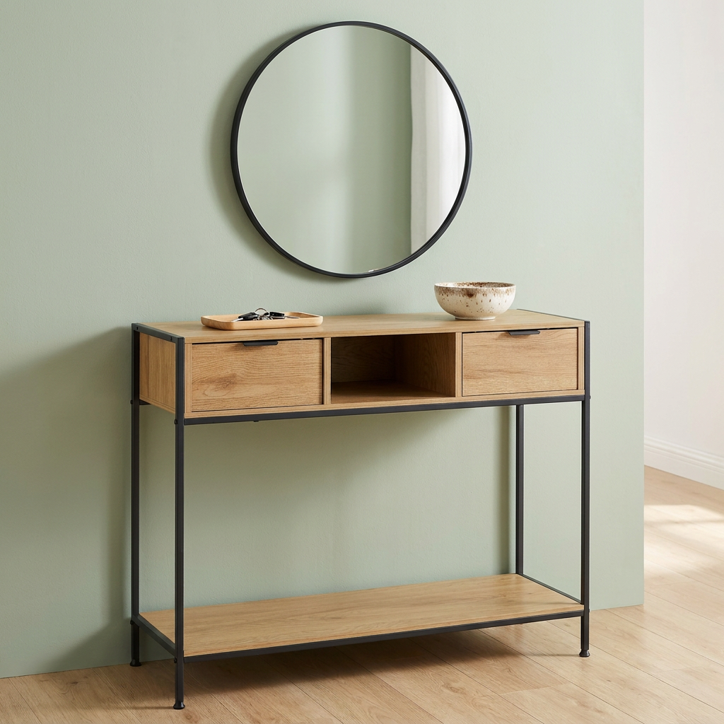 Modern KD Metal Frame Console Table 2-Drawer Entryway Sideboard with Open Compartment Industrial Stand for Home Furniture