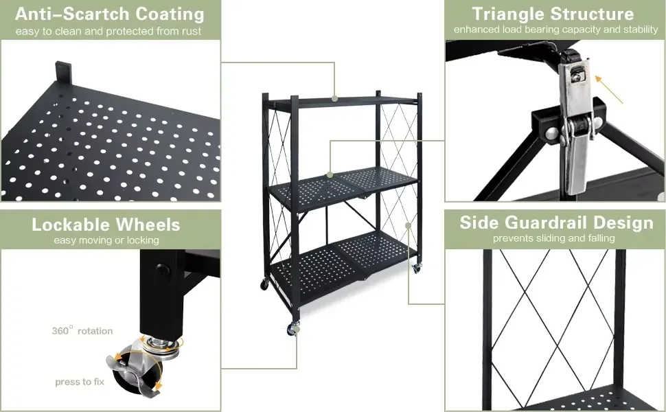Four Layer Collapsible Storage Shelf on Wheels with Mesh Shelving for Laundry Room and Garage Organization Applications