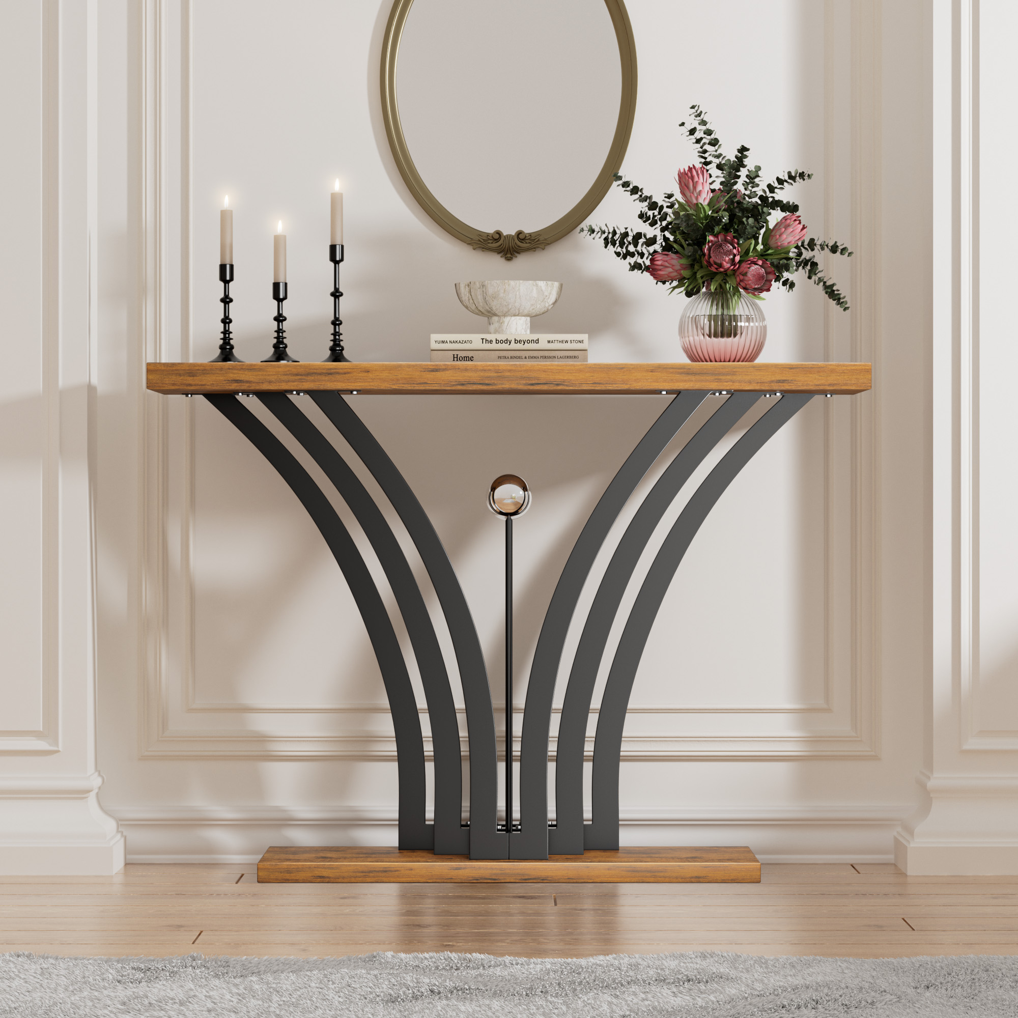 Modern Industrial Console Table Wood Top Curved Metal Frame Entryway Table with Anti-slip Kit for Living Room Hallway