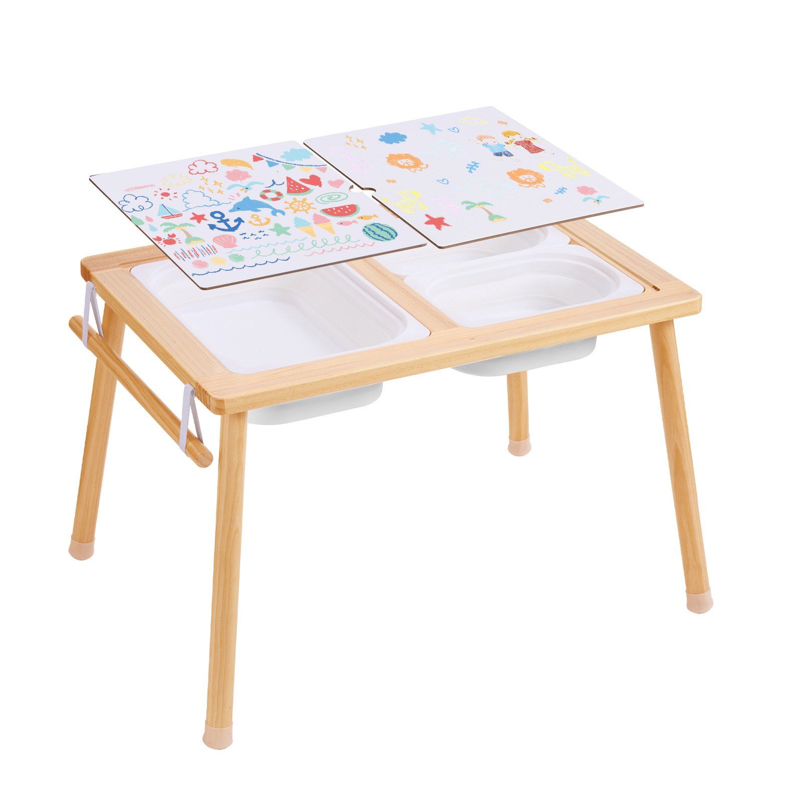 Wooden Sensory Table With Paper Roll Bar Foldable Indoor Play Table For Toddlers Kids Activity Square Design Scandinavian Style