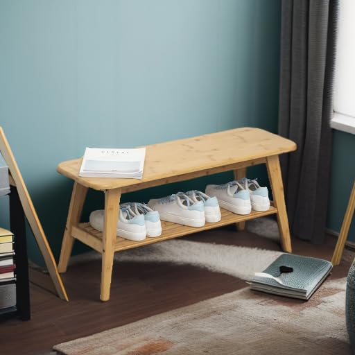 2 Tier Shoe Rack Bench, Bamboo Entryway Bench, Shoe Bench With Storage for Hallway