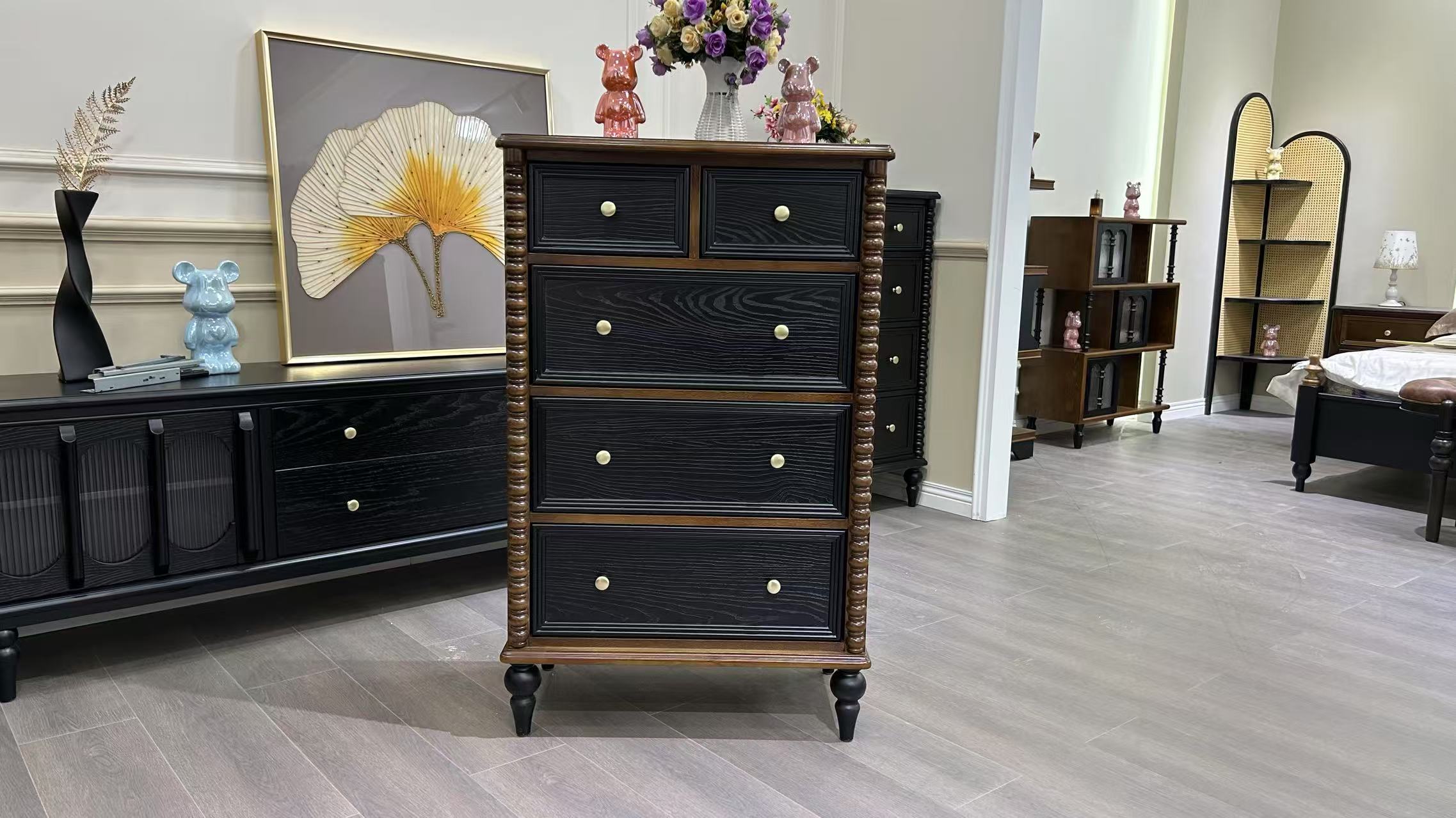 Custom Traditional Style Sideboard Farmhouse 5 Drawer Solid Wood Lacquer Tall Dresser Storage Chest for Bedroom Entryway Hallway