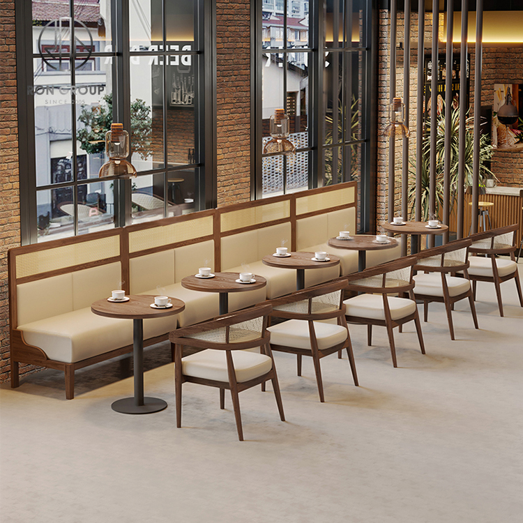 Modern Luxury Solid Wood Dining Furniture with Rattan Backrest Lounge Chair for Restaurant Hotel Coffee Shop or Cafe
