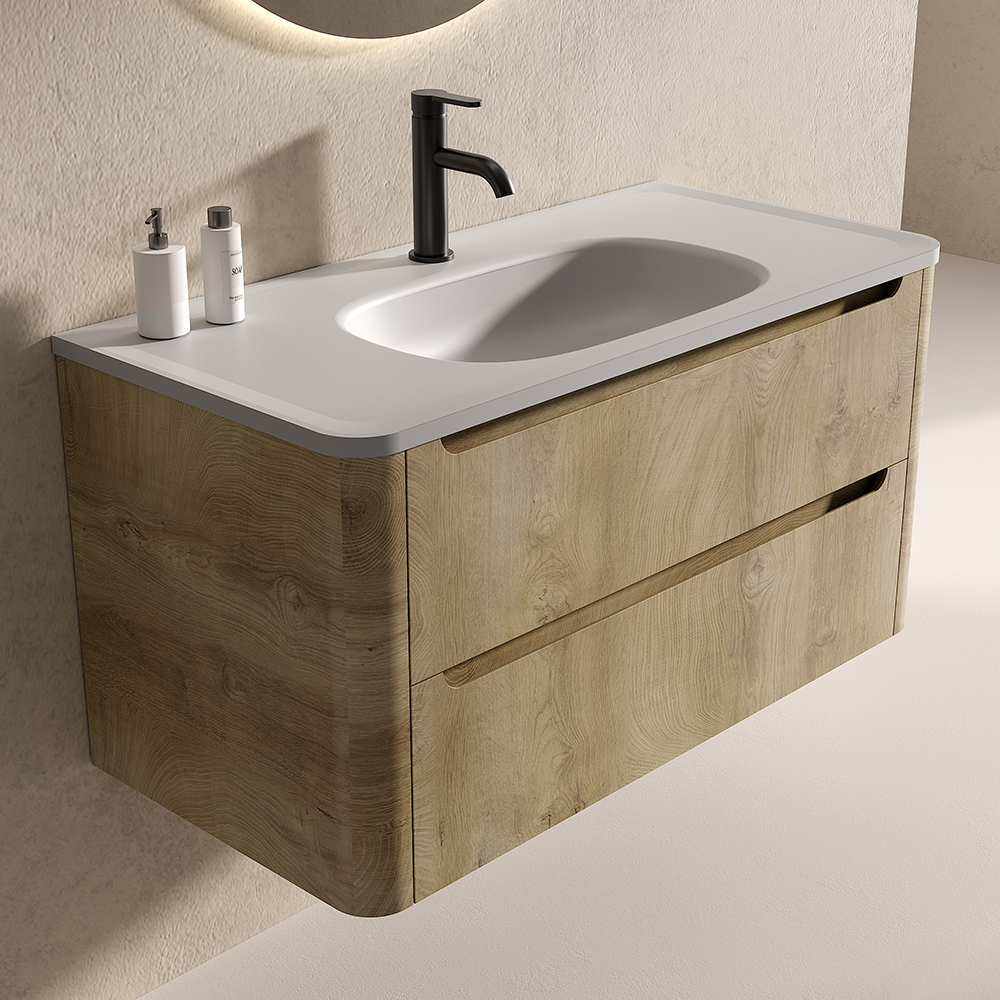 Modern Durable PVC-Wrapped MDF Rectangle Floor Standing Gel Coat Stone Basin Cabinet LED Mirror Water-Resistant Vanity