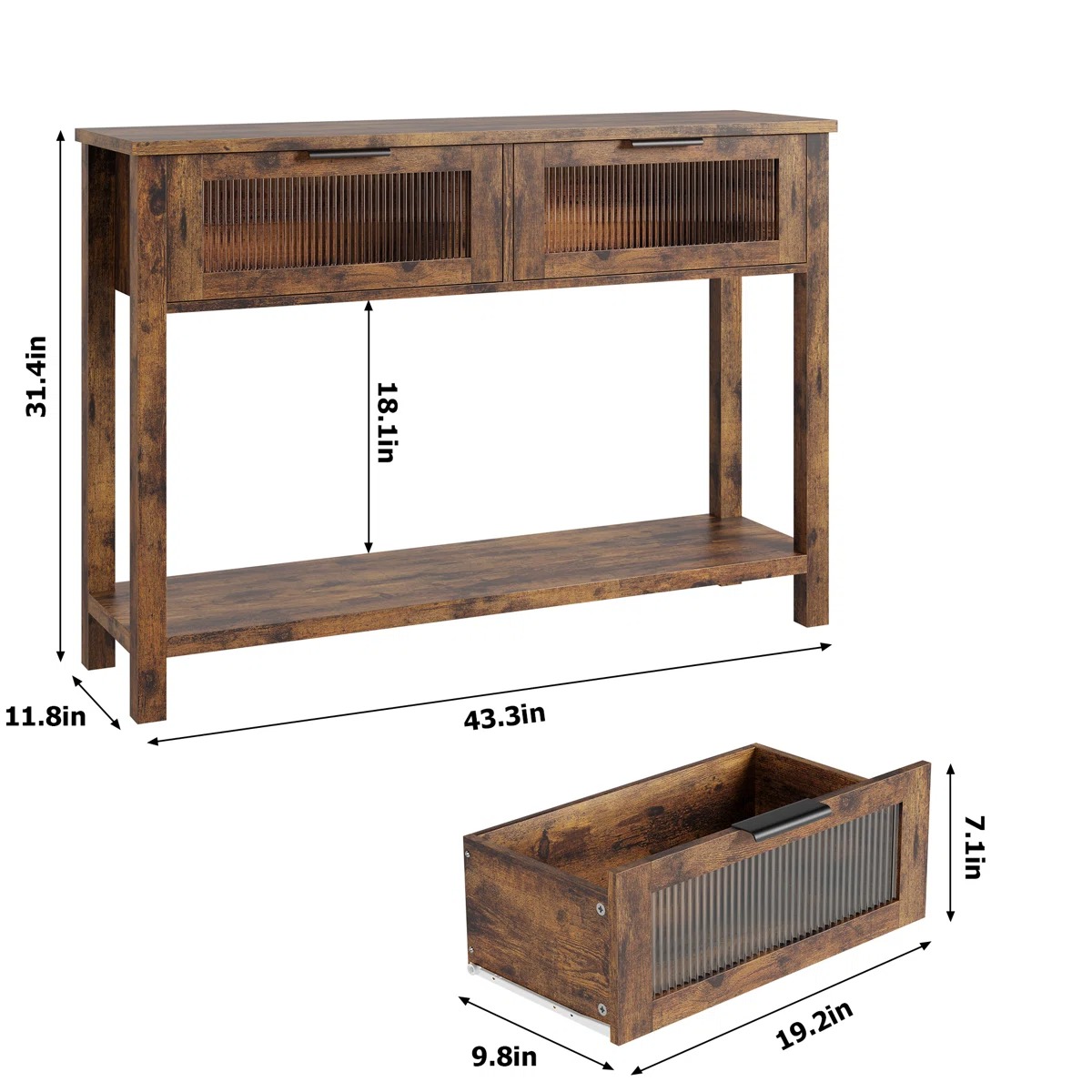 Easy Assembly MDF Vintage Brown Console Table with 2 Glass Front Drawers Lower Shelf Entryway Sofa Hallway Table