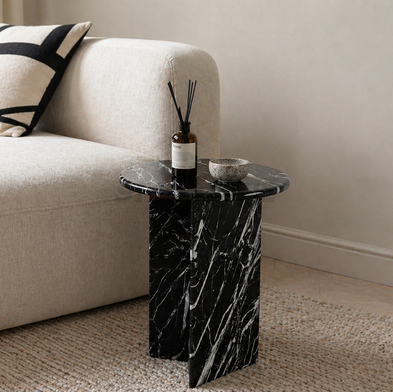 Modern Luxury Marble Side Table Round Sofa Corner End Table Black Stone Accent Table for Living Room Home Furniture Decor