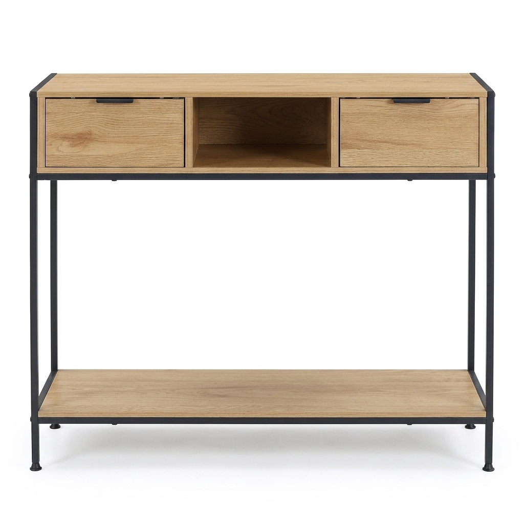Modern KD Metal Frame Console Table 2-Drawer Entryway Sideboard with Open Compartment Industrial Stand for Home Furniture