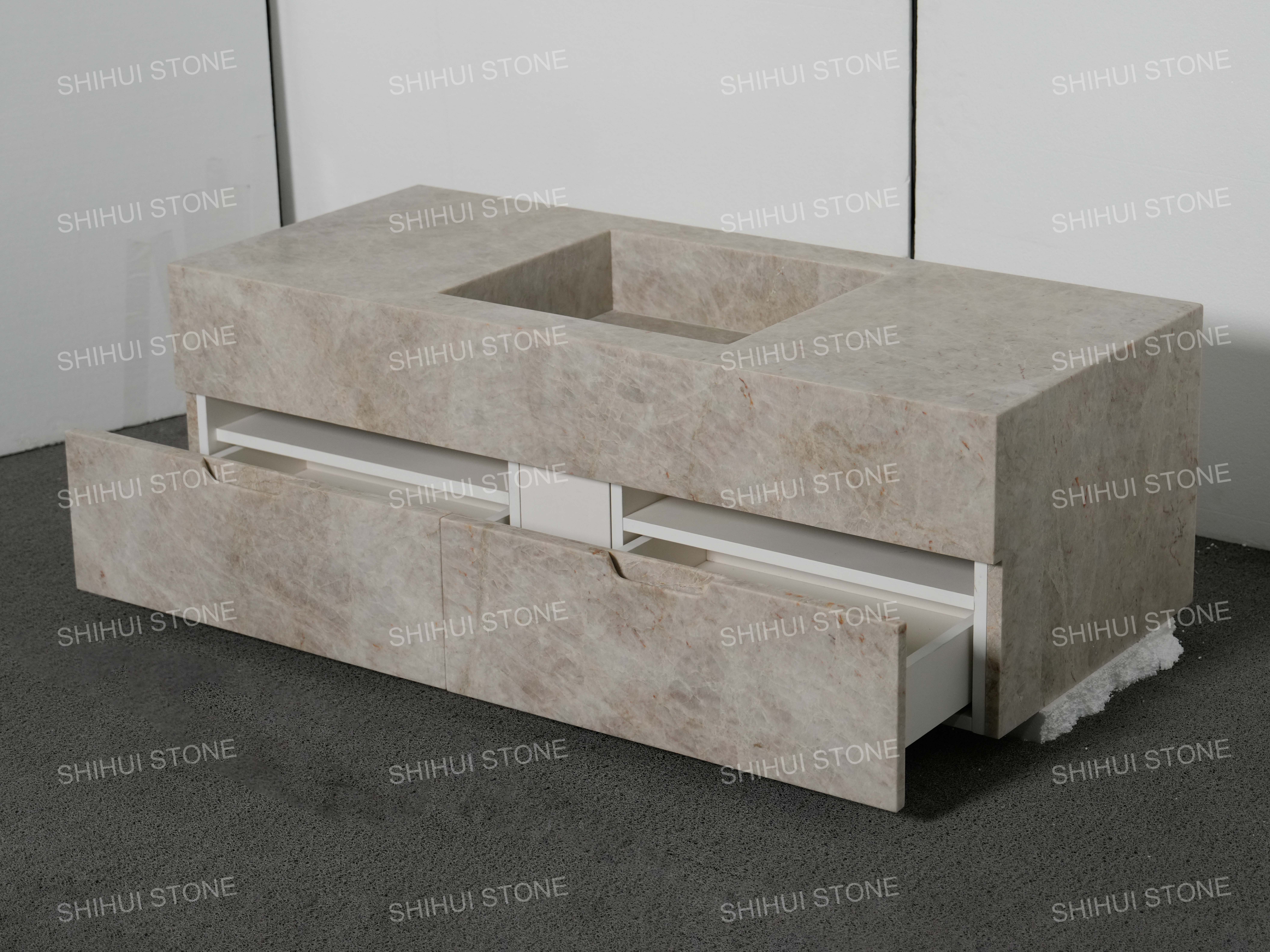 SH STONE Modern Design Taj Mahal Quartzite Bathroom Vanity Wall-mount Hotel Villa Single Wash Basin with Drawers