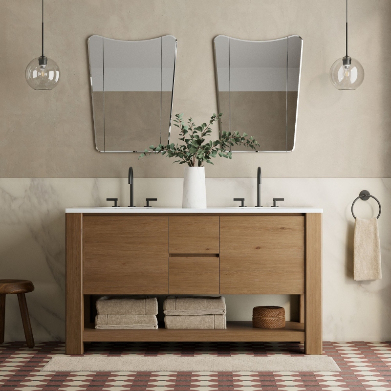 Customized Wooden Panel Bathroom Vanity Cabinet Furniture With Single and Double Sinks and Half Moon Mirror for Hotel Bathroom