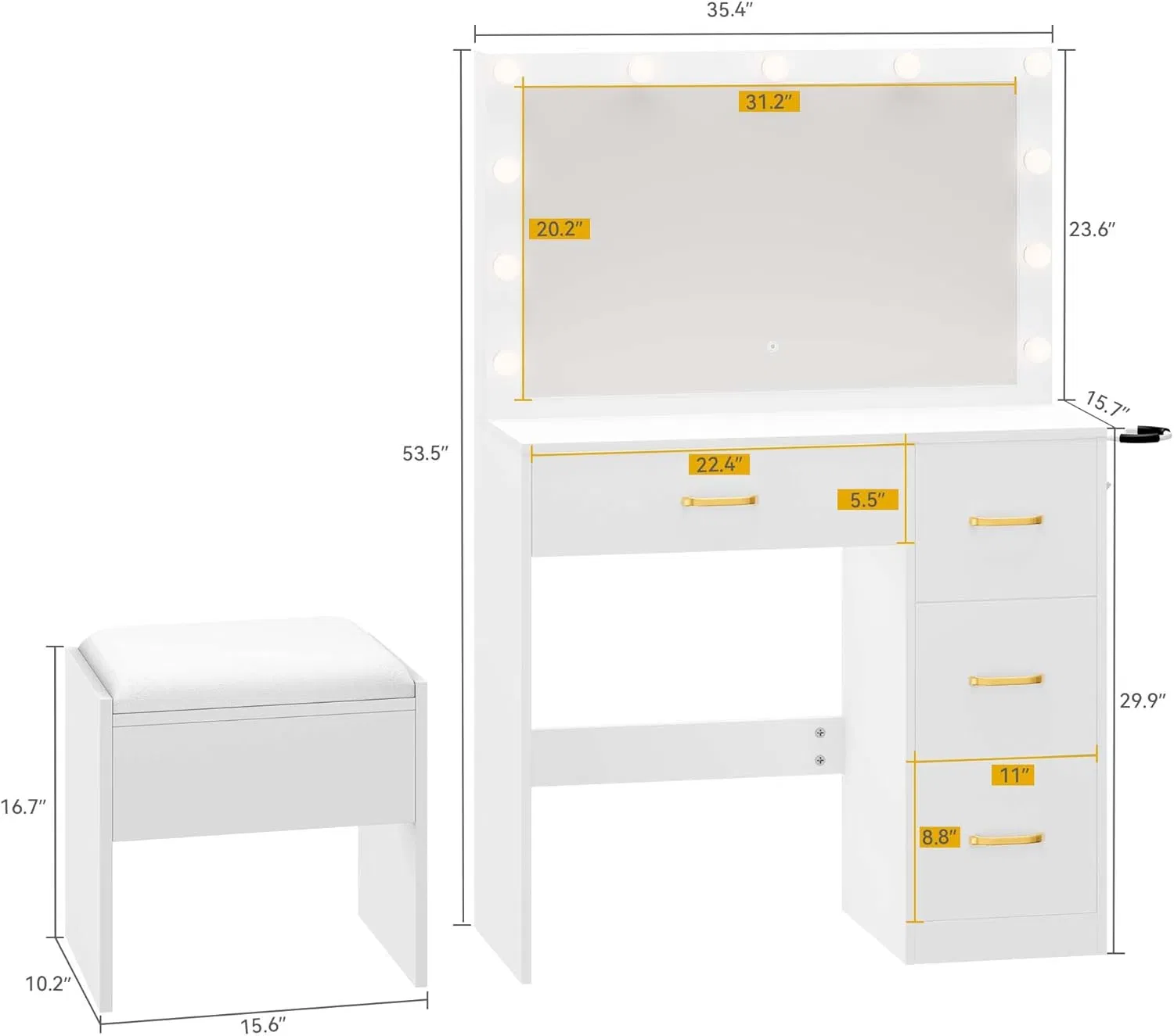 Elegant Vanity Table with Built-in LED Light and Storage Drawers for Women Makeup Organization