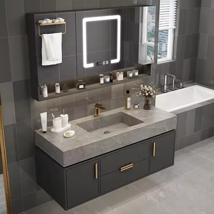 Modern Grey Floating Bathroom Vanity With Rock Slab Integrated Sink Wall Mounted Bathroom Cabinet For Home Hotel Renovation