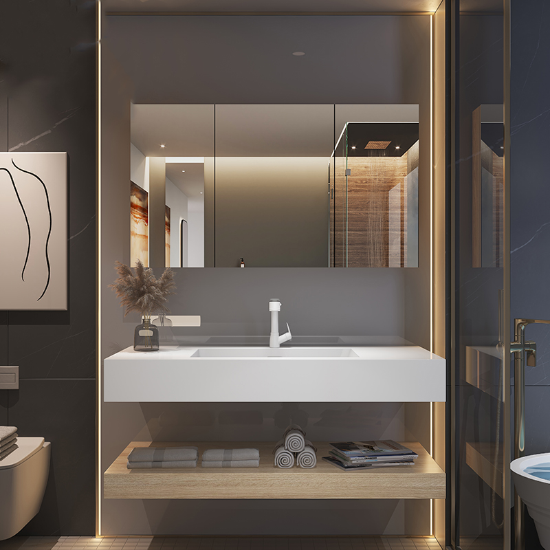 Modern Solid Wood Bathroom Cabinet with All-in-one Basin and Different Shape Smart Mirror Cabinet