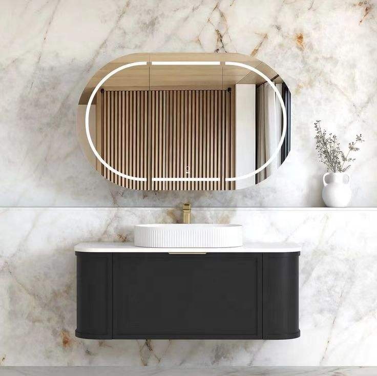 Wholesale Custom High-quality Simple European-style Fluted Curved Luxury Wooden Floating Bathroom Vanity With Sink And Mirror