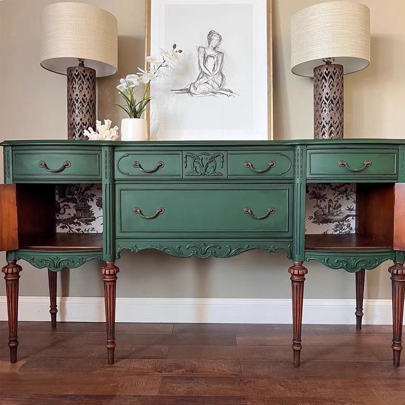 American-Style Vintage Entryway Cabinet Carved Solid Wood Sideboard Living Room Decorative Storage Cabinet